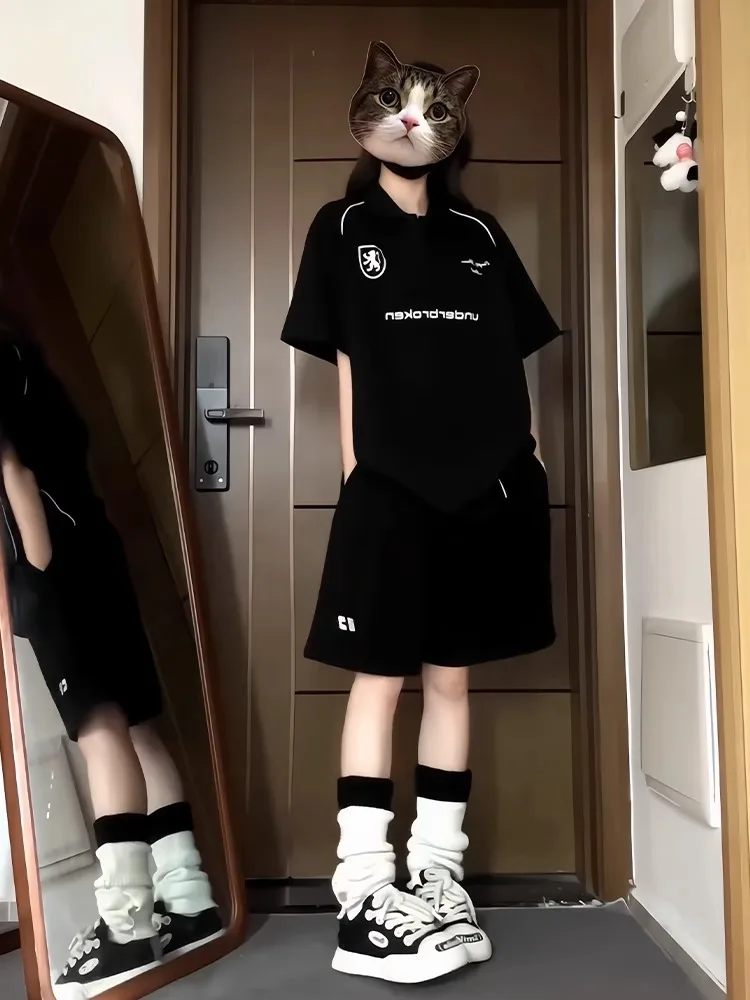 

American High Street Casual Sports Set Women Summer New Korean Loose Versatile Fashion Short Sleeve Shorts Two Piece Set