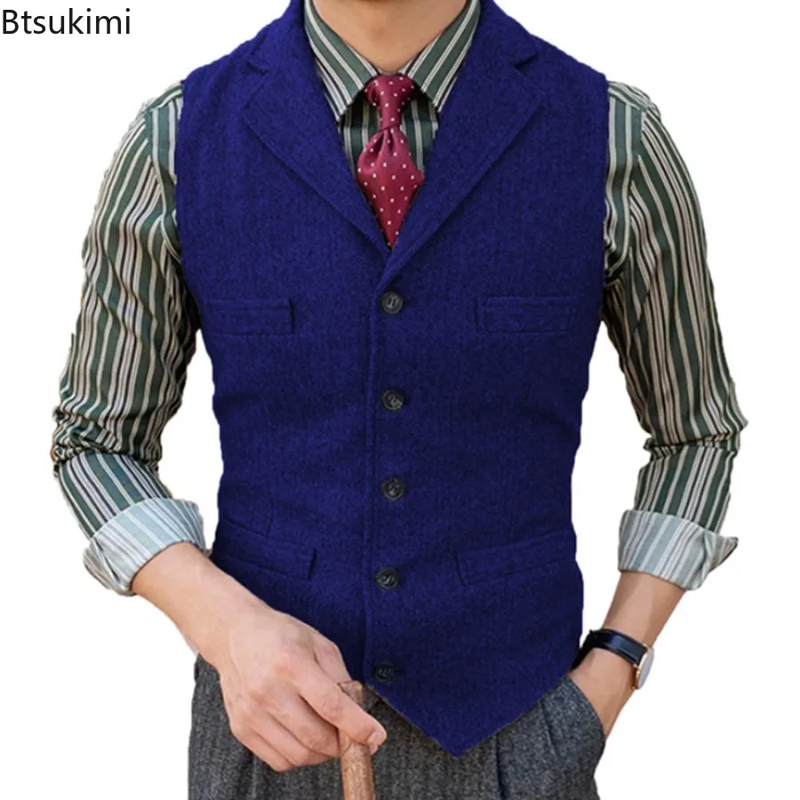 

Men's Suit Vests Slim Fit Herringbone Pattern Vest Solid Color Single Breasted Casual Vest Groom's Business Casual Vests Male
