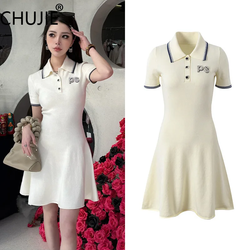 

CHUJIE Polo Collar Dress - Slim Waist Short Sleeve - Youthful Elegant Style - Spring Summer Viscose