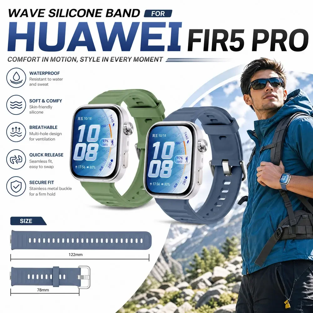 Silicone Watch Strap for Huawei Fit 5 5 Pro Wave Pattern Breathable Comfort Outdoor Sport Replacement Band for Huawei Fit 5 5Pro