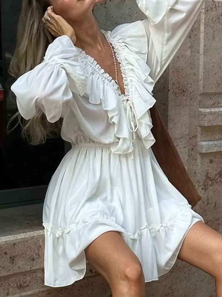 2025 Nuovo abito primavera estate Solido pizzo con scollo a V Dolce mini abito in chiffon per le donne Abiti vintage a maniche lunghe alla moda