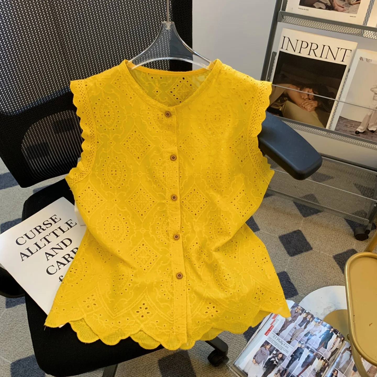 

Желтый кружевной жилет с вышивкой irt, женский летний новый дизайн, элитный жилет Ele Small Flng Sve Top French Sle Straight Cut