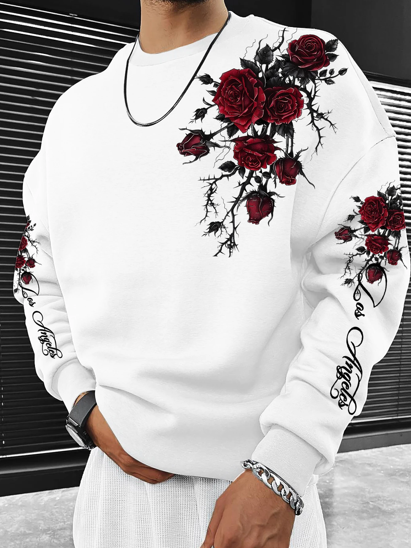 Men Casual Crew Neck Long‑Sleeve Top, Dark Red Rose Floral Script Letter Graphic Print Sweatshirt，S-XXL