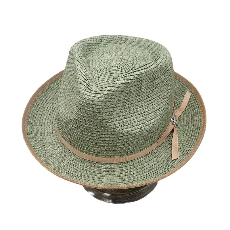 

Olive Green Rolled-brimmed Bow-knot Sun Protection Unisex Tricot Wide-brimmed Satin Summer Artistic Straw Hat