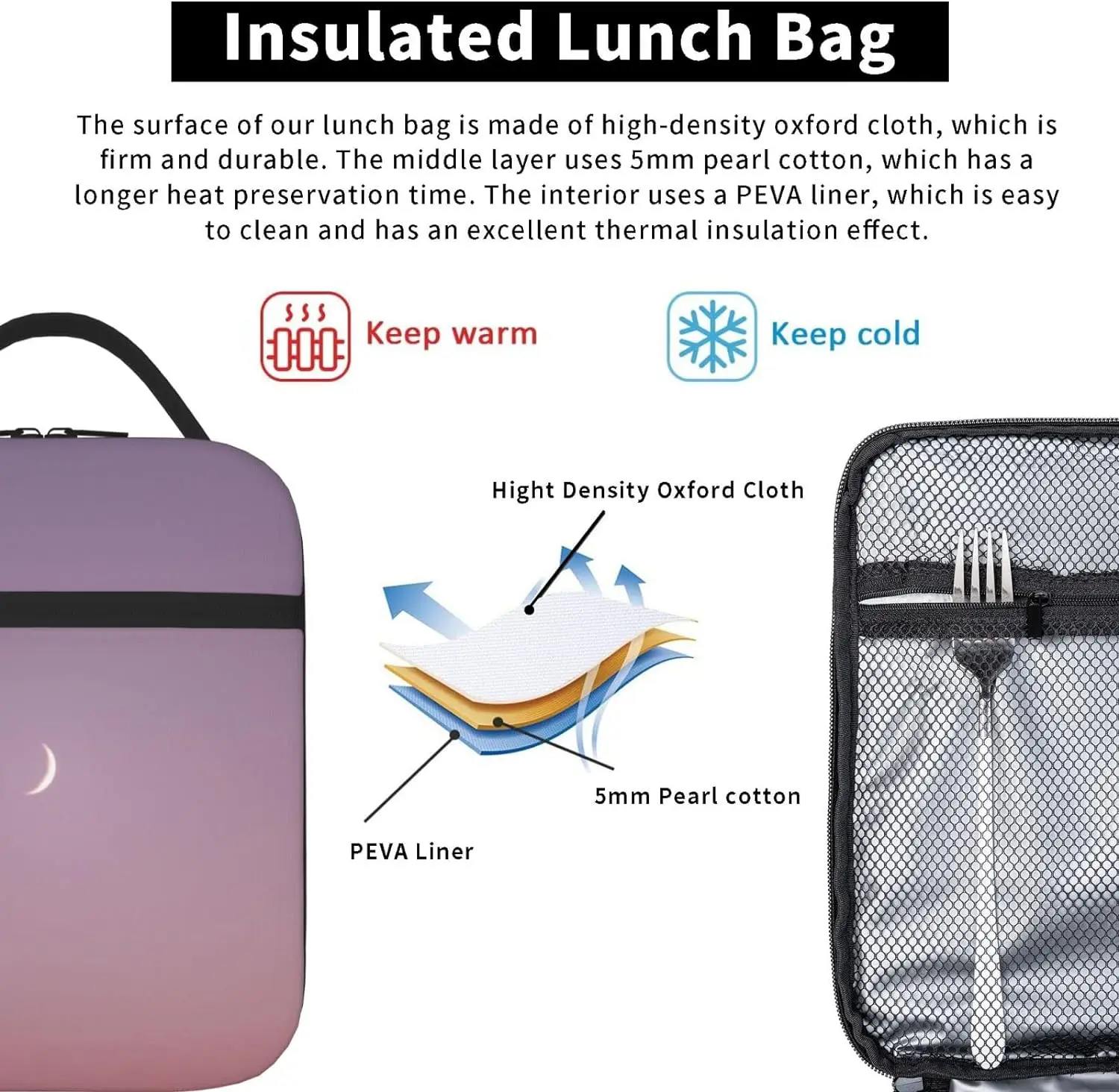 Pink Sky And Moon Lunch Bag Insulated Reusable Lunchbox Portable Cooler Lunch Tote Bag with Side Pockets For Work Picnic Travel