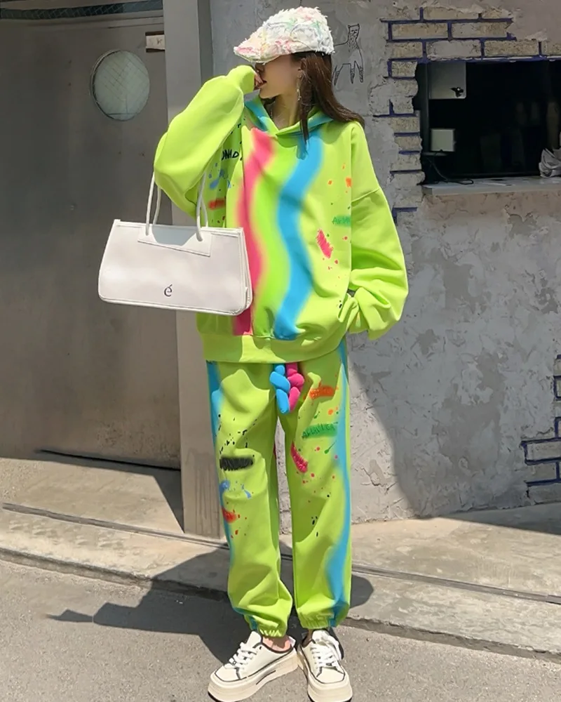 Graffiti Tie Dye Gradient Hoodie Oversize Pants Sets Women Y2k Clothes Casual Sweatershirt Matching Sets Vestidos Outwear 2024