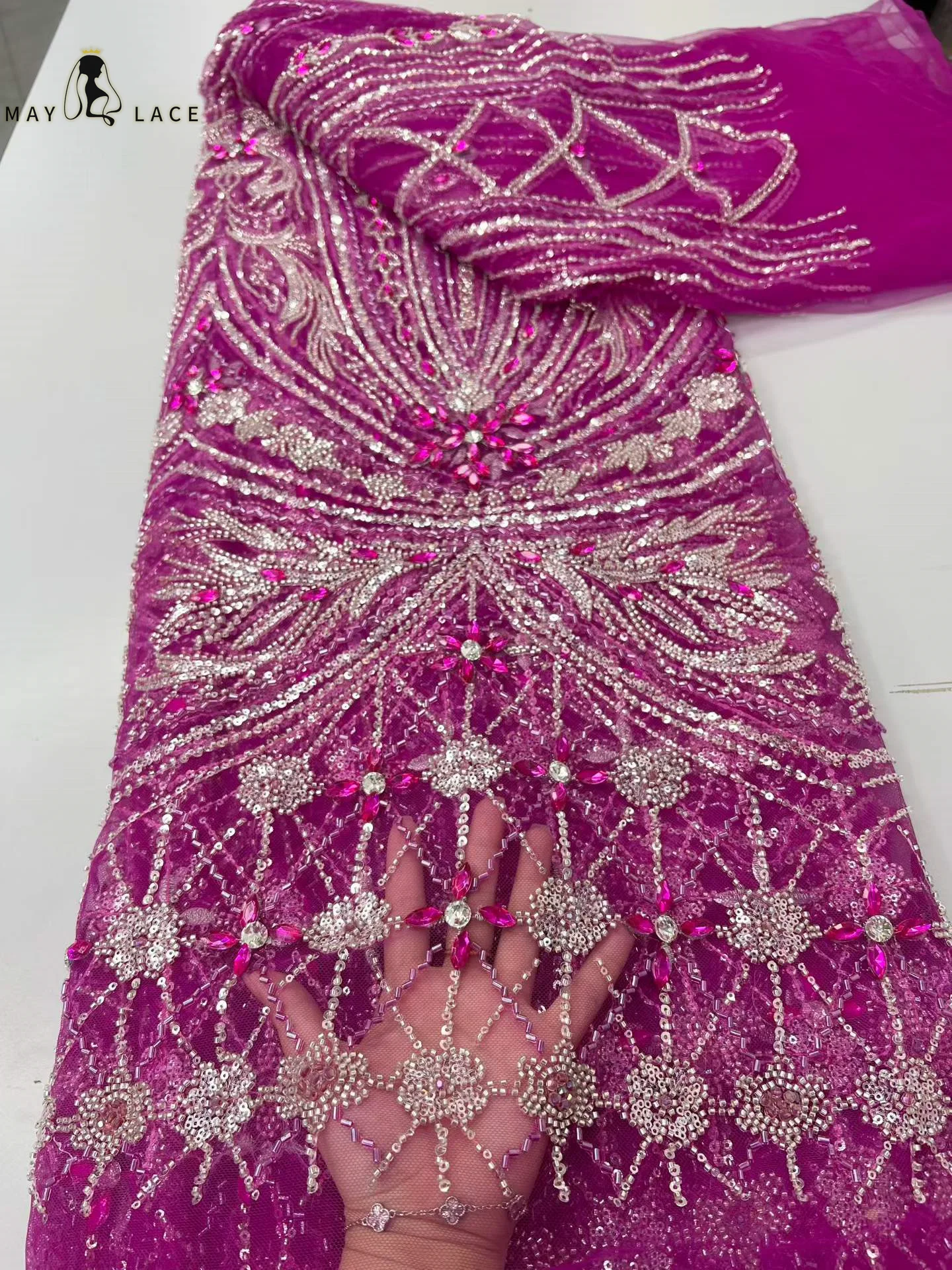 

New Dubai Drystal Beaded Fabric 2026 Lace Fabric Embroidery French Sequins Lace Fabric High Quality 5 Yards Wedding Lace Fabrics