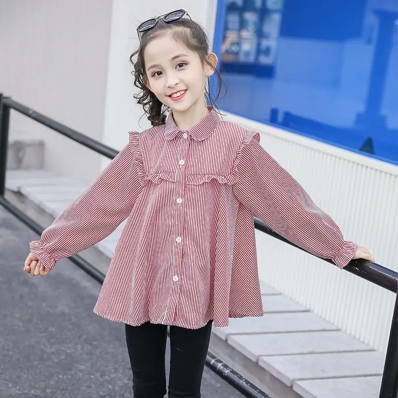 Girls' Shirt Spring and Autumn New Style Shirt Western Style Striped Children's Baby Korean Version Long Sleeved Shirt for Women