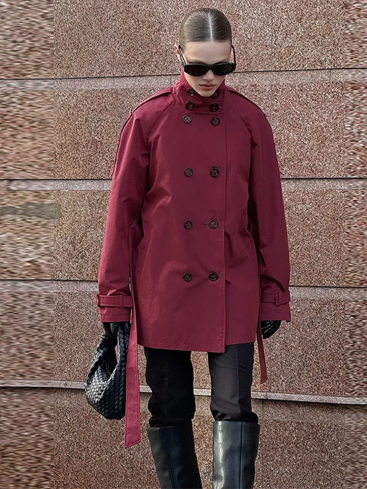 Stehkragen Doppelreihiger Kurzer Trenchcoat mit Gürtel für Damen, Street-Style mit Epauletten, Langarm, Einfarbig, Locker Geschnittene Jacke, Neue Damen-Oberbekleidung – Detail 11