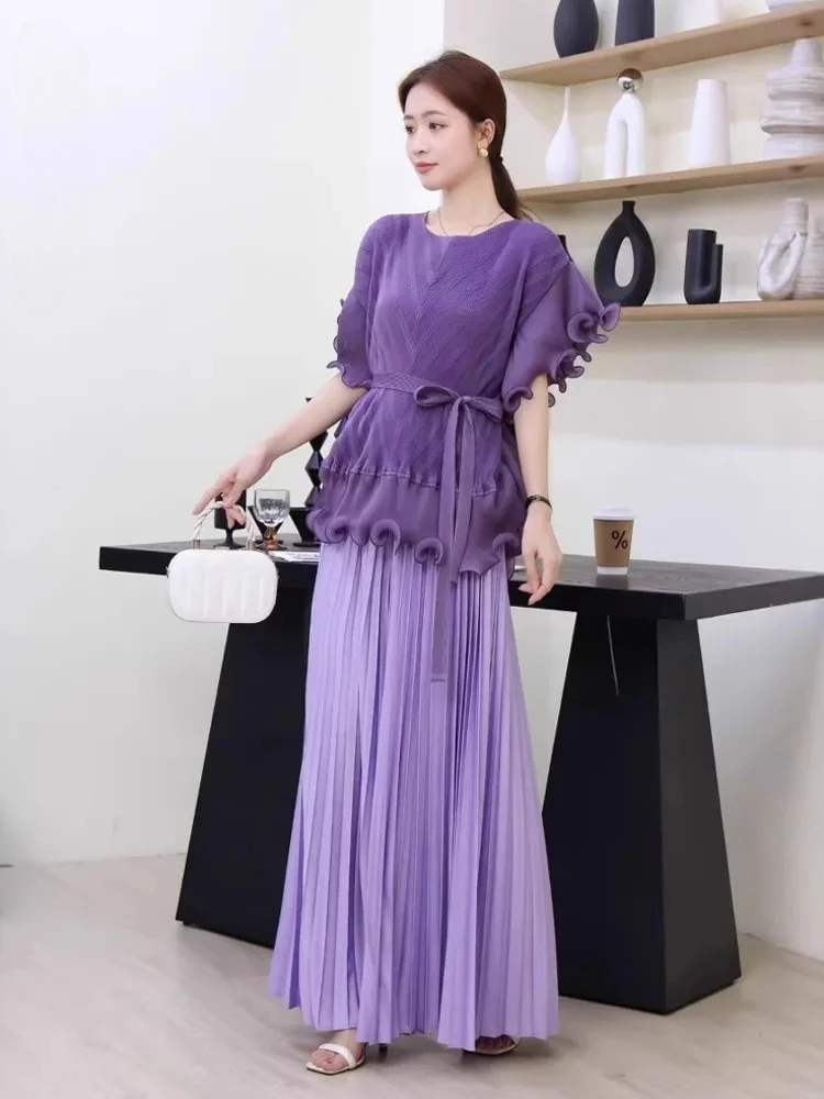 ANLAN Ruffled Panelling‌ Design Pleated Women's Two Pieces Set Round Collar Short Sleeve Tie Top + Elasitc Waist Skirt 2AN1133