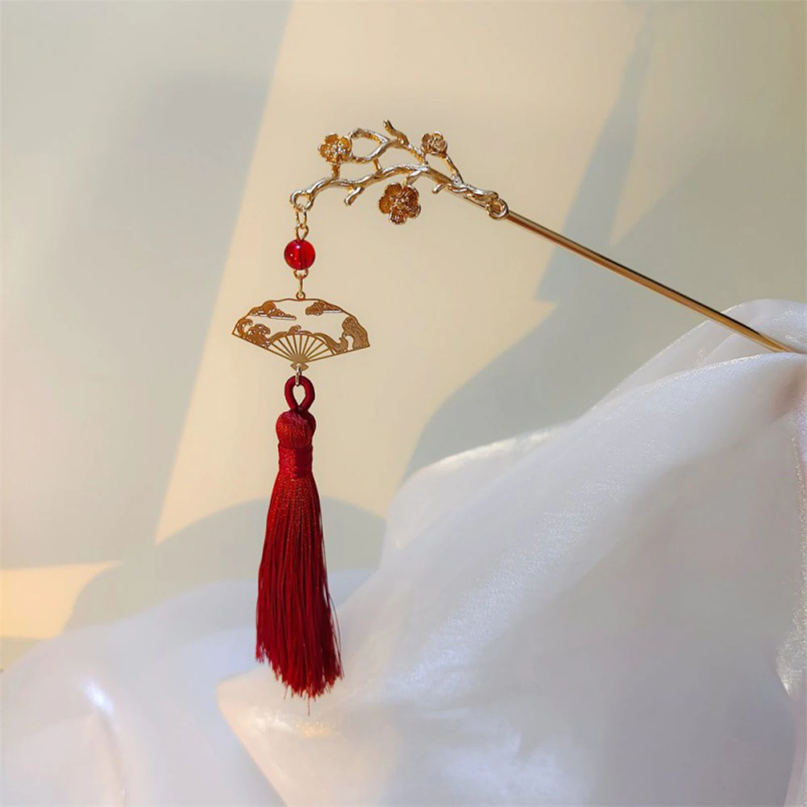 الرجعية زهرة شرابة دبوس الشعر للنساء أنيقة زهر الخوخ للطي مروحة قلادة الشعر عصا النمط الصيني الفتيات إكسسوارات الشعر #2