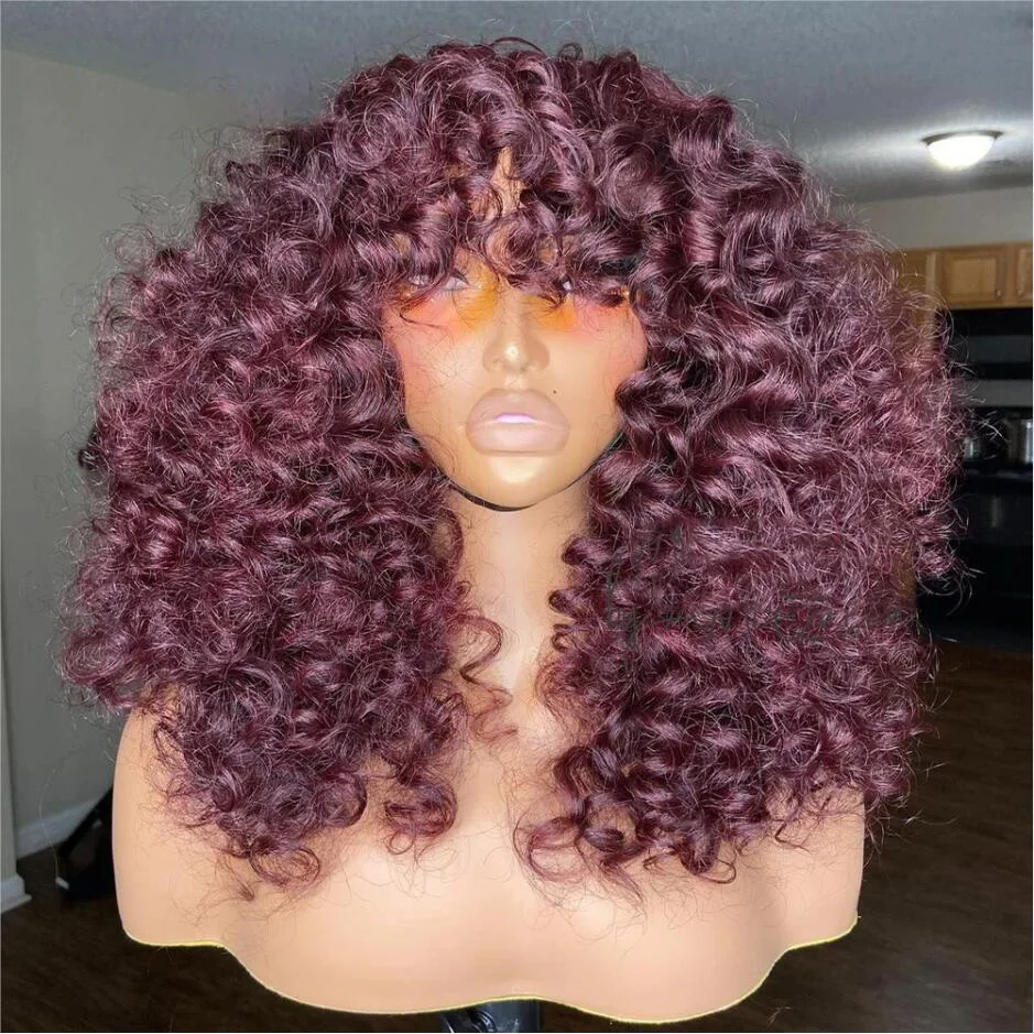 Borgoña 99j largo 180 densidad 26 "peluca rizada a máquina con flequillo para mujeres negras BabyHair prearrancado línea de cabello natural diario