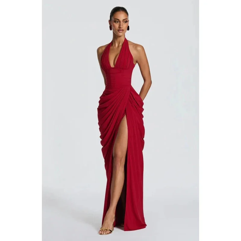 Sexy Solid Pleated Halter Women's Dress Fashion Sleeveless Backless Waist-cinching Split Maxi Dresses 2026 Summer Party Gowns