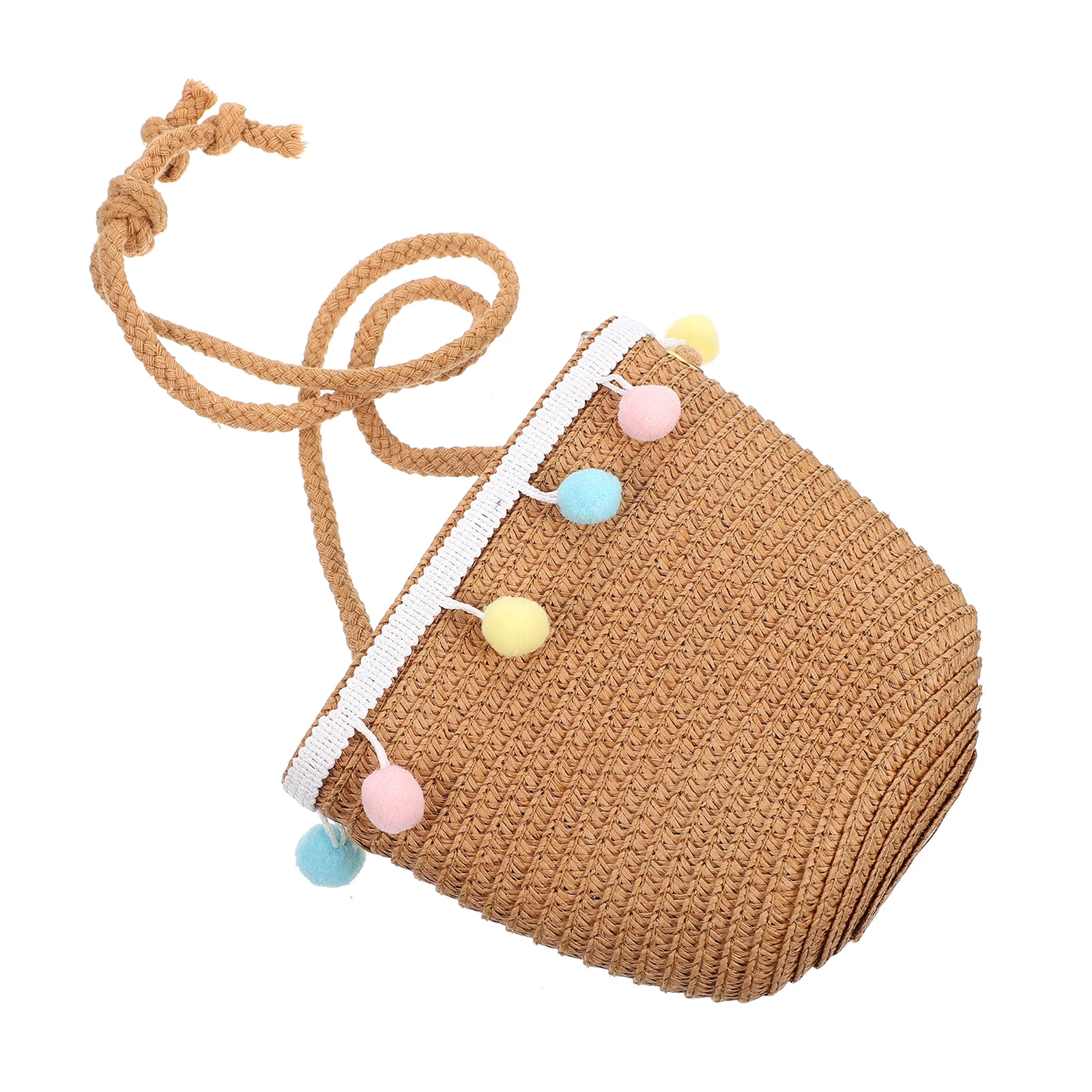 

Straw Woven Bag Kids Beach Woven Khaki Small Ball Design Storage Summer Fashion Women Practical Durable