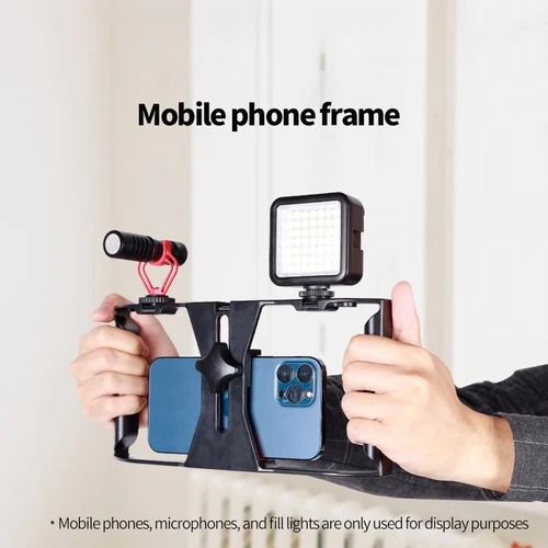 Imagen 1 del producto Estabilizador de teléfono inteligente con doble mango, plataforma de vídeo portátil, jaula para teléfono, micrófono, herramienta de cine, montaje para luz de relleno Vlog en vivo, 1 ud.