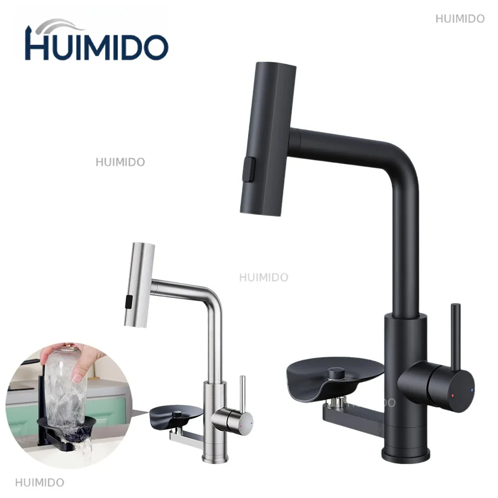 Brushed/Black Kitchen Sink Faucet with Cup Wash Waterfall Pull Out Nozzle Swivel Kitchen Faucets Single Hole Hot Cold Mixer Taps