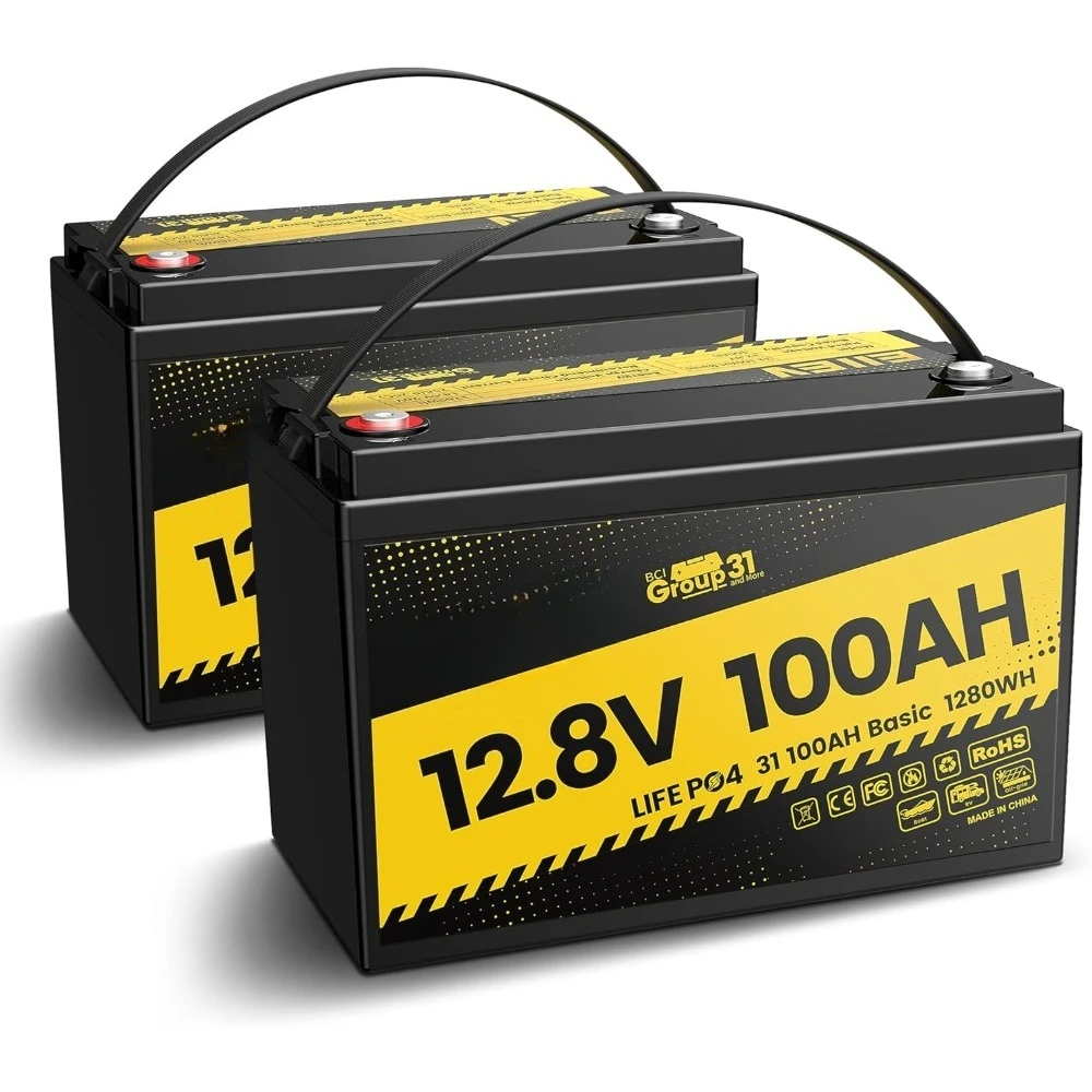 

12V 100Ah LiFePO4 Battery,2 Pack Group 31 Lithium Battery With Built-in 100A BMS, Deep Cycle Lithium Battery w/ 15000+ Cycles fo