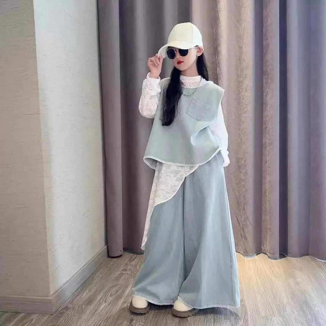 Girl Korean Denim Vest Wide Leg Pants Irregular Lace Skirt Spring Autumn 2026 New Children Clothing Sets