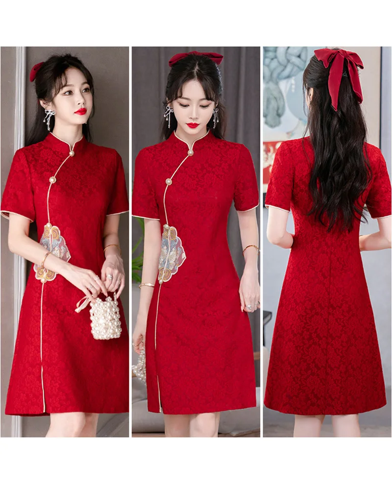 4 Colors Plus Size Lace Cheongsam Women Traditional Vintage Wedding Evening Dress A-Line Show Costumes Embroidery Short Qipao