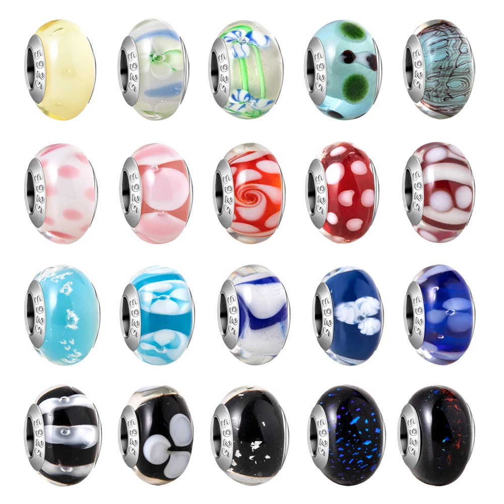 Exquisite 925 Sterling Silver Multicolor Glass Beads with Cloud Floral Zebra Patterns Fit DIY Bracelet Necklace Party Jewelry
