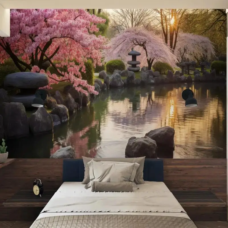 

Customized modern wallpaper papel de parede Nordic Sakura Tree Lake Landscape Painting sofa background wallpaper papier peint