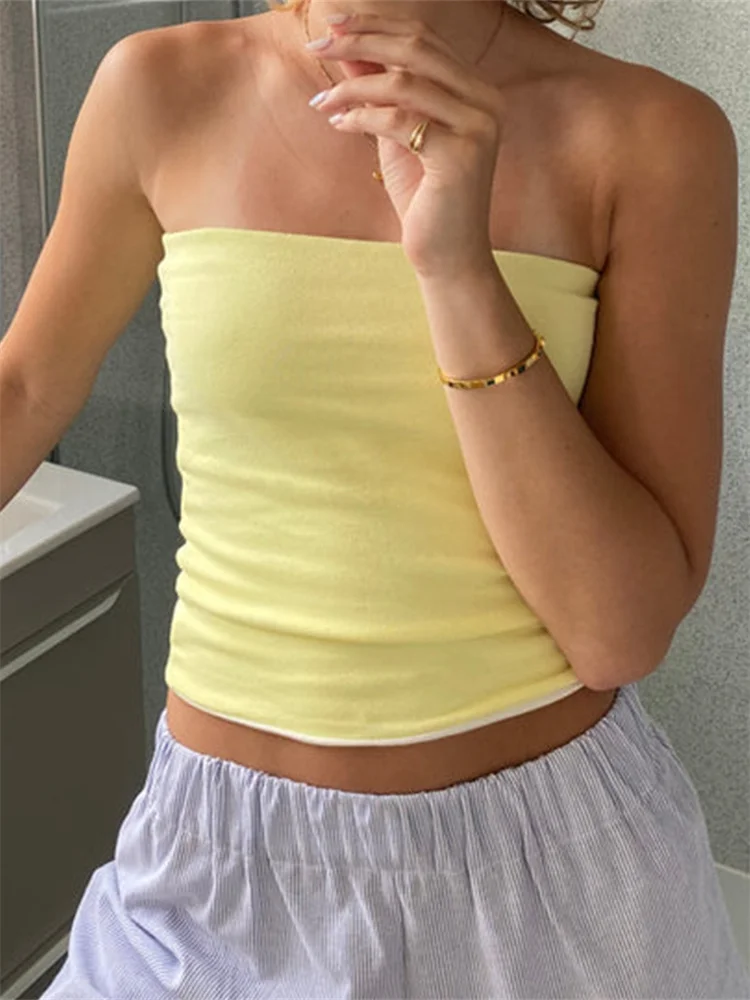 

Summer Party Club Striped Solid Short Tank Sexy Interior New Women Strapless Cropped Tube Top Off-shoulder Backless Mini Vest