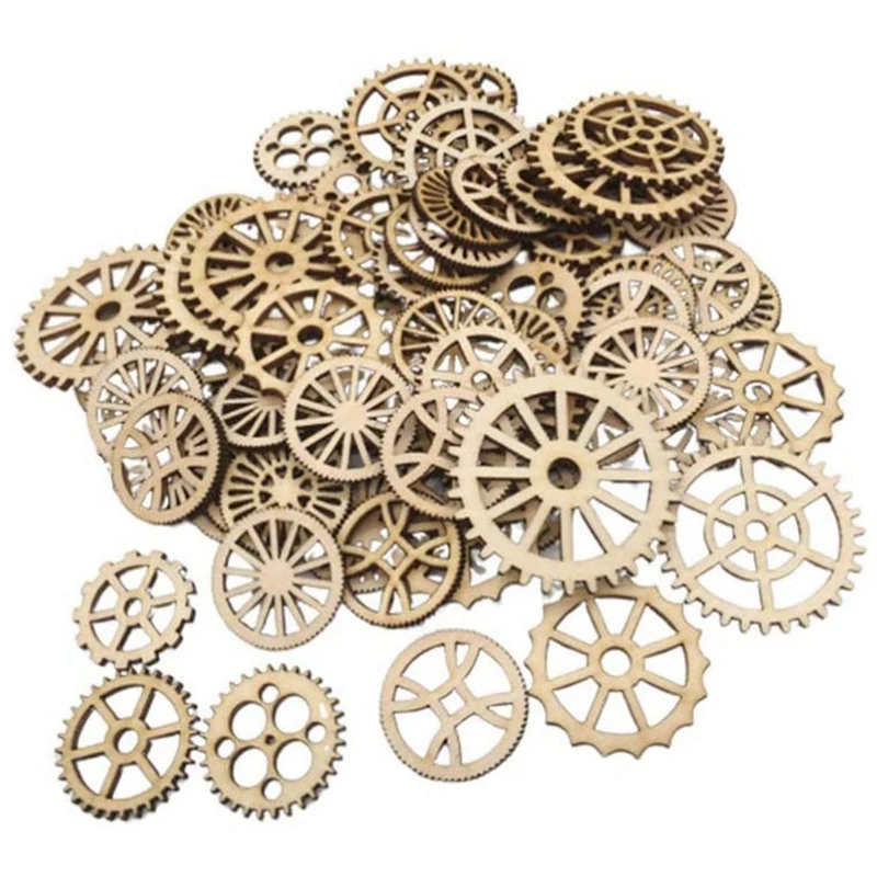 100Pcs ruote ingranaggi in legno decorazione fette di legno decorazione in legno ritagli in legno etichette regalo artigianato artistico fai da te