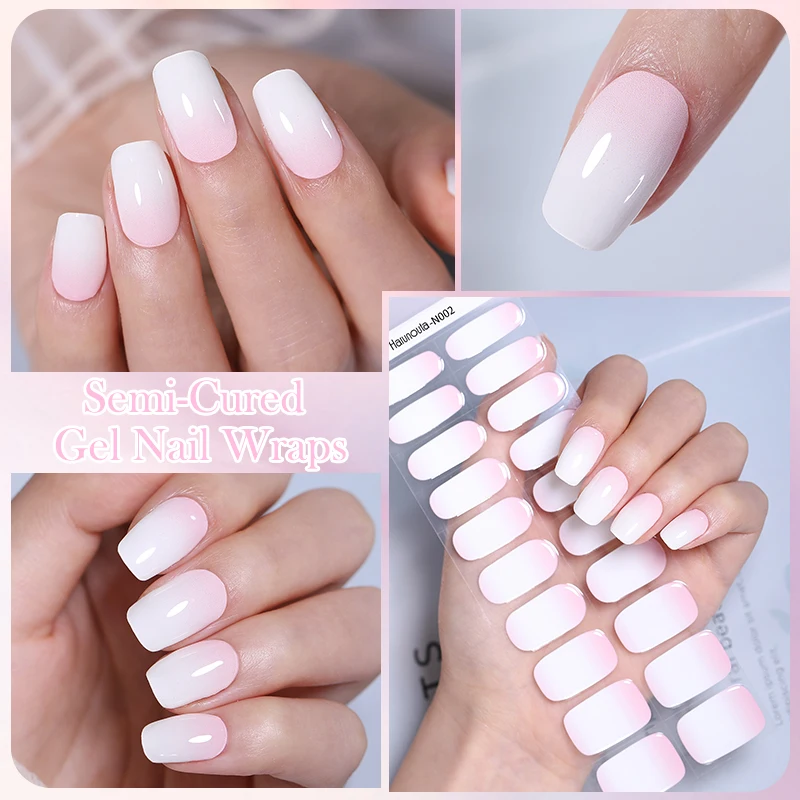 20Tips Pink White Gradient Semi-cured Gel Nail Wraps Sticker French Full Cover Nail Gel Polish Decals Manicure UV Lamp Needed