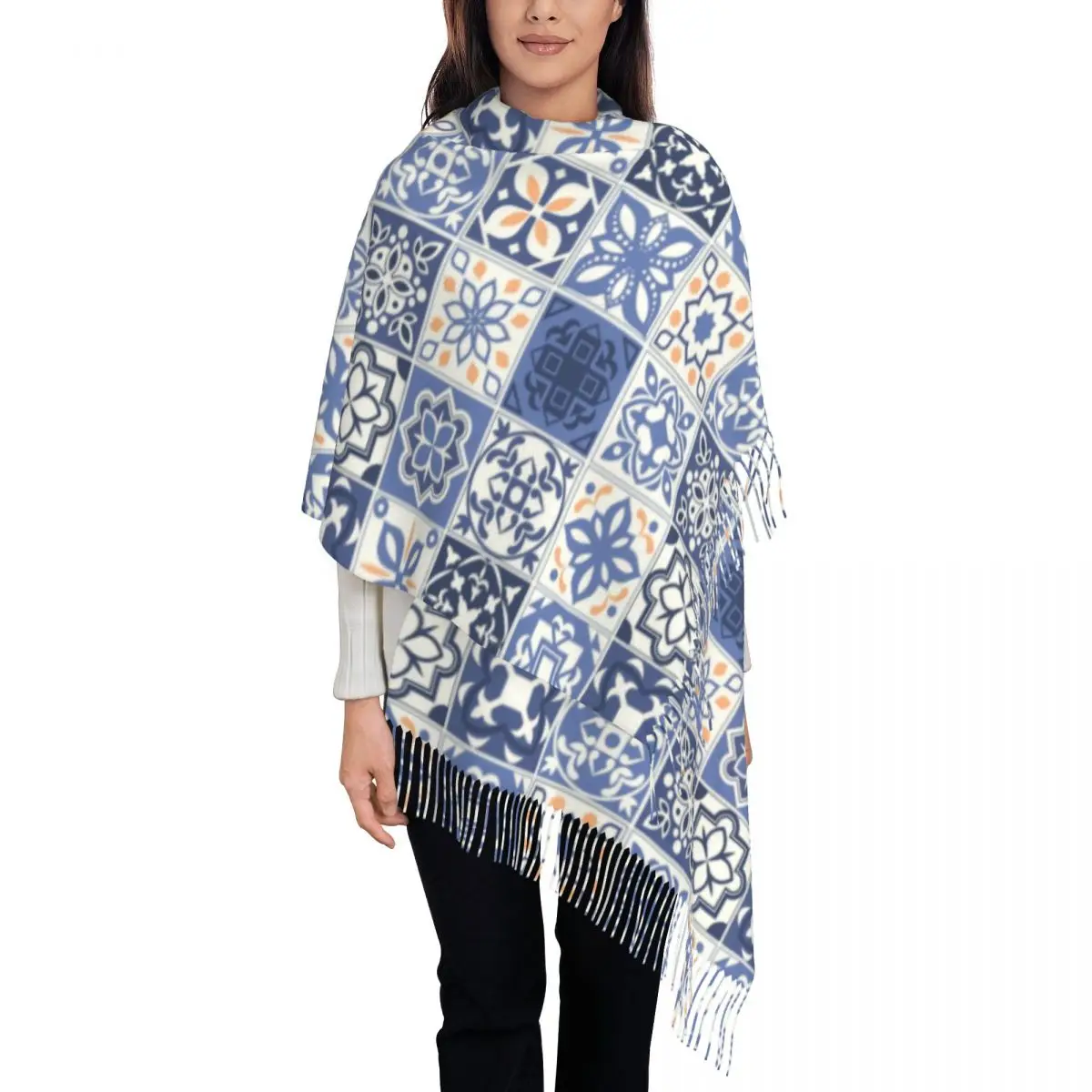 Luxury Blue Portuguese Tile Tassel Scarf Women Winter Warm Shawls Wraps Ladies Portugal Azulejo Flower Scarves