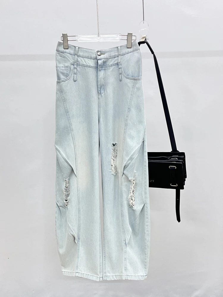 

American Sle Summer New Design Casual Waed Denim Pants Hole Youth Versatile Wide Leg Jeans High Waist Straight Cut Loose Fit