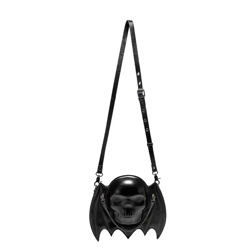

Alternative Fashion Black Skull Shaped Shoulder Bag with Gothic Bat Wing Metal Chain Front Crossbody Bag Purse for Women