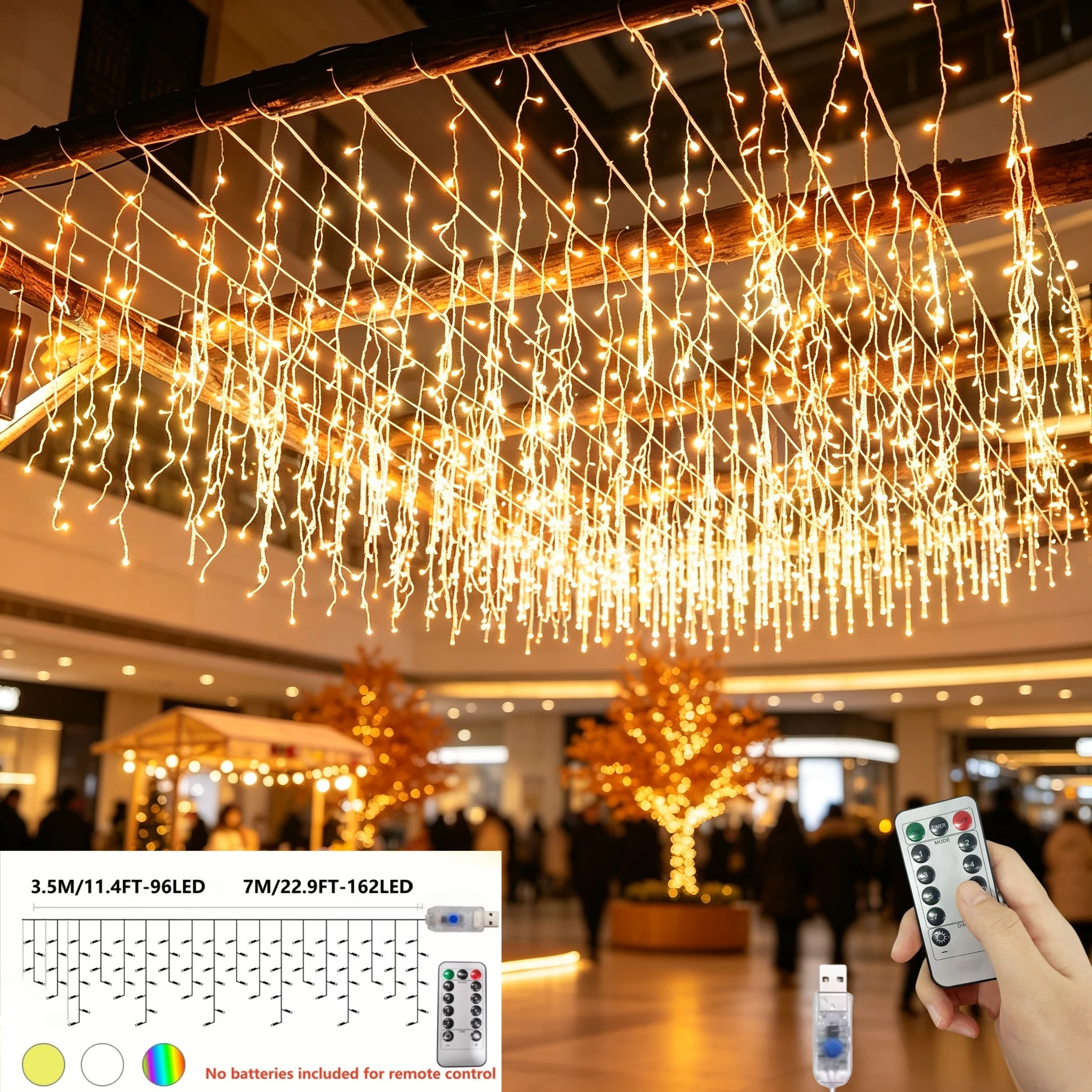 USB Ice Strip String Lights with Remote Control 8 Modes Warm White Colorful LED Fairy Light for Home Party Christmas Decor