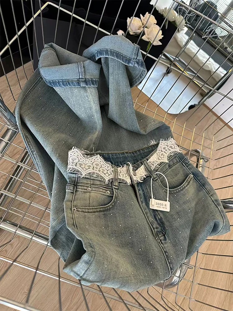 

Кружевные лоскутные джинсы со стразами Y2K, уличная одежда с высокой талией, свободные широкие брюки, джинсовые брюки в стиле Харадзюку, Mujer