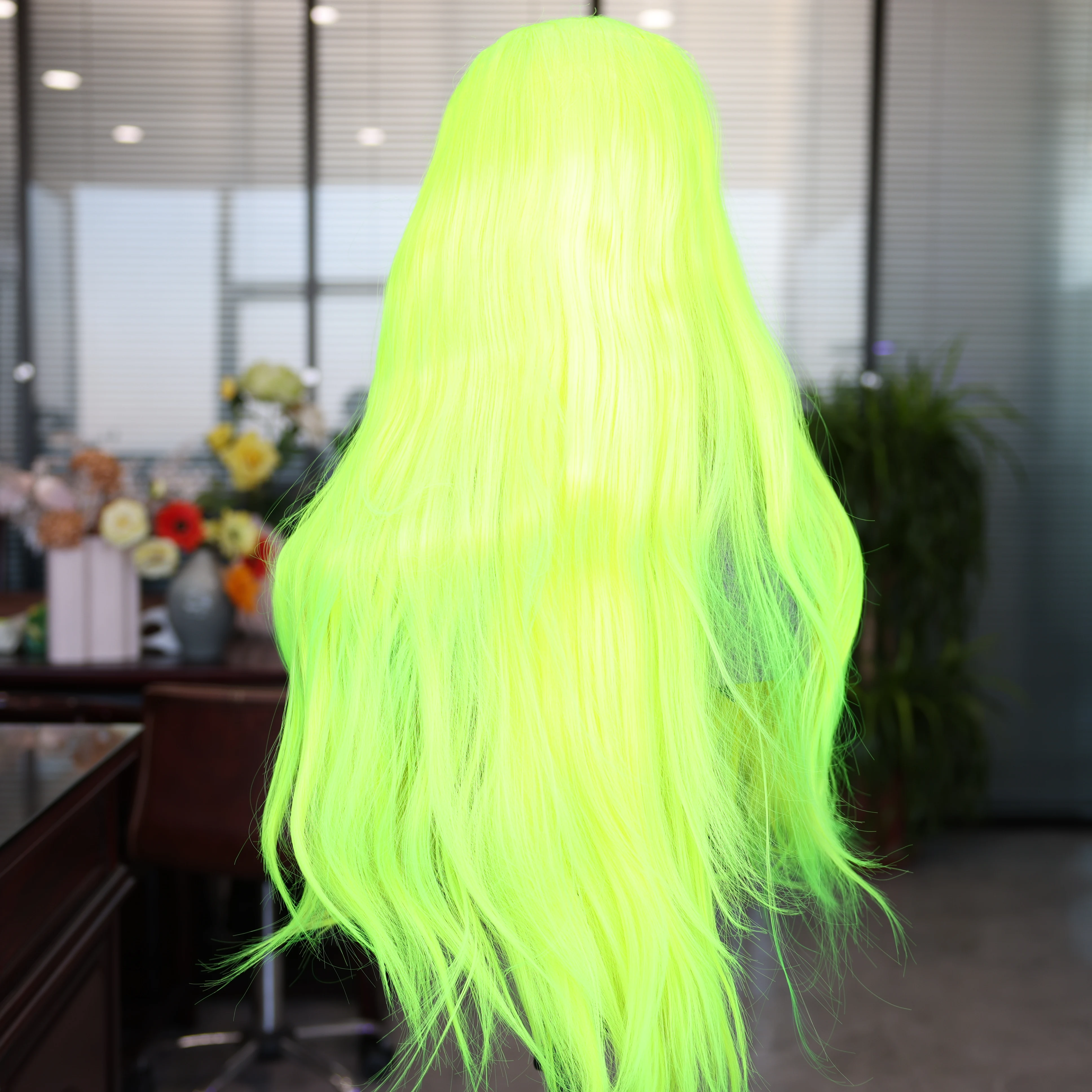 Green Synthetic Lace Wig for Cosplay Concert Long Fluorescent Green Straight Hair Wig No Gel No Falling Natural Hairline