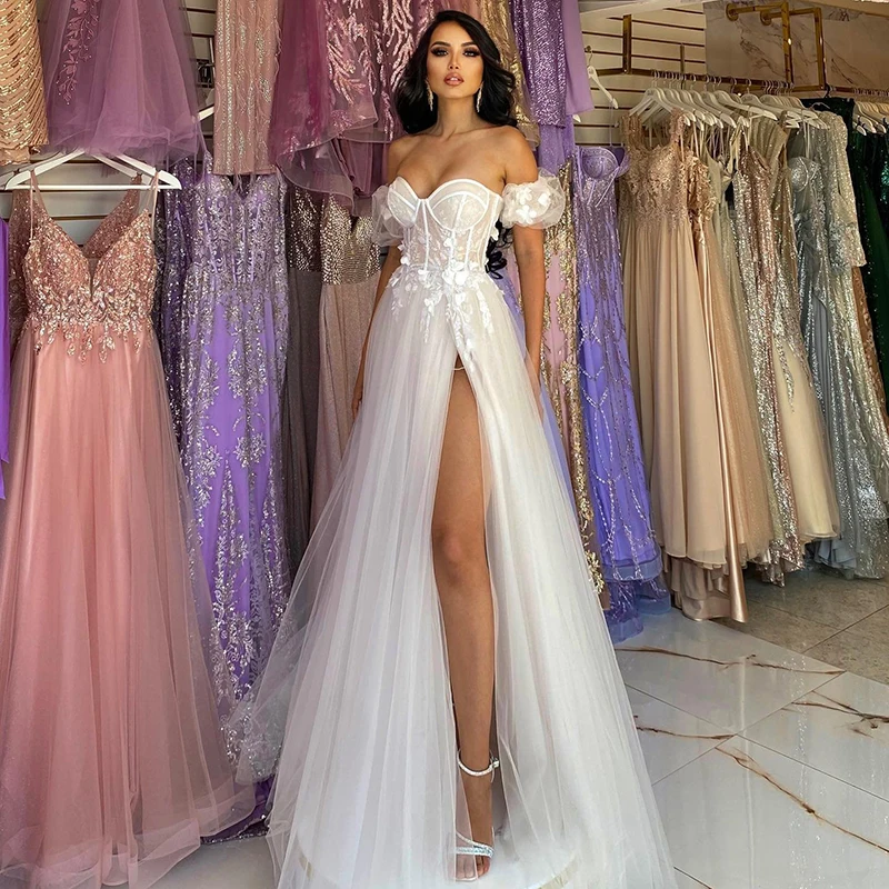 

Eightree White A-Line Prom Dresses Sweetheart High Split Appliques Evening Dress Saudi Arabia Cocktail Party Gowns Custom Size