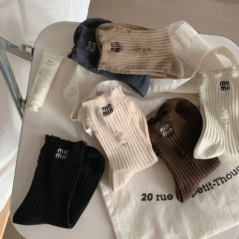 Socks for Women Brands Cotton Socks Mid Calf Trendy Holes Embroidery Letter Personality Tide Socks Solid Hip Hop Socks