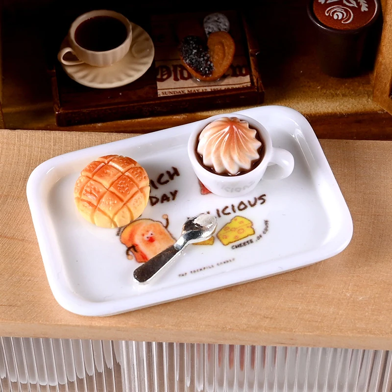 1 Juego de bandeja de tenedor de café para pastel en miniatura, modelo de comida, cocina 1:12, decoración para casa de muñecas, juguete para accesorios para casa de muñecas