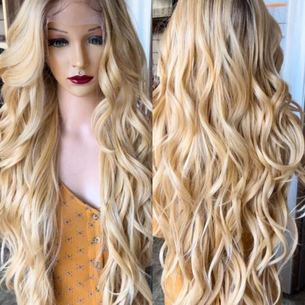 

Золотой парик принцессы, длинная волна, кружевной передний парик, доступное высокое качество, термостойкое волокно, прямой заводской магазин, наращивание волос