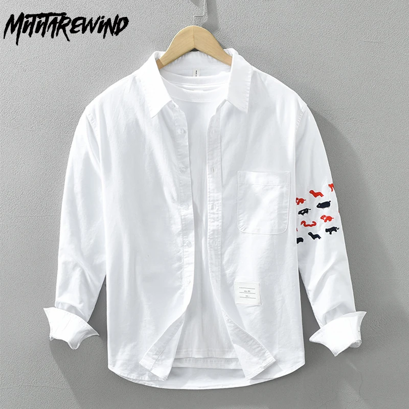 

Японская модная рубашка с вышивкой животных, мужская весна-лето, белая рубашка из 100% хлопка с длинным рукавом, мужские повседневные рубашки, молодежный топ