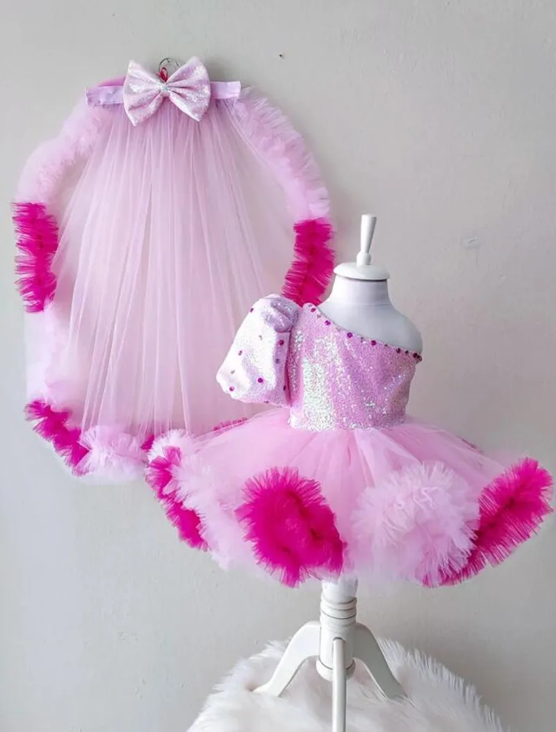 Pink Baby Girls Dress Toddler Tutu Outfit Kid Birthday Dress with Detachable Train Flower Girl Dress Prom Christmas Gown