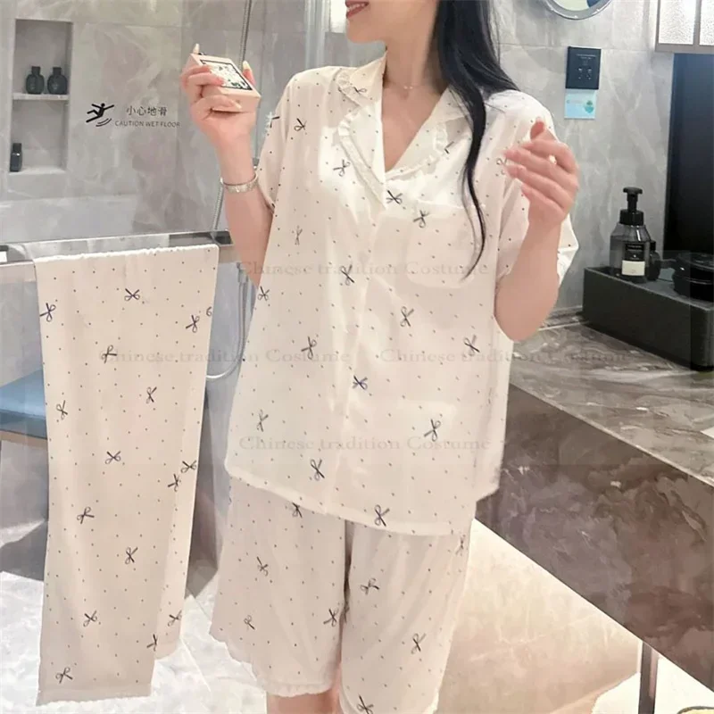 

Пижамный костюм из 3 предметов с белым бантом, весенне-летняя одежда для сна, женские брюки в корейском стиле с короткими рукавами, ночная рубашка, женская атласная домашняя одежда