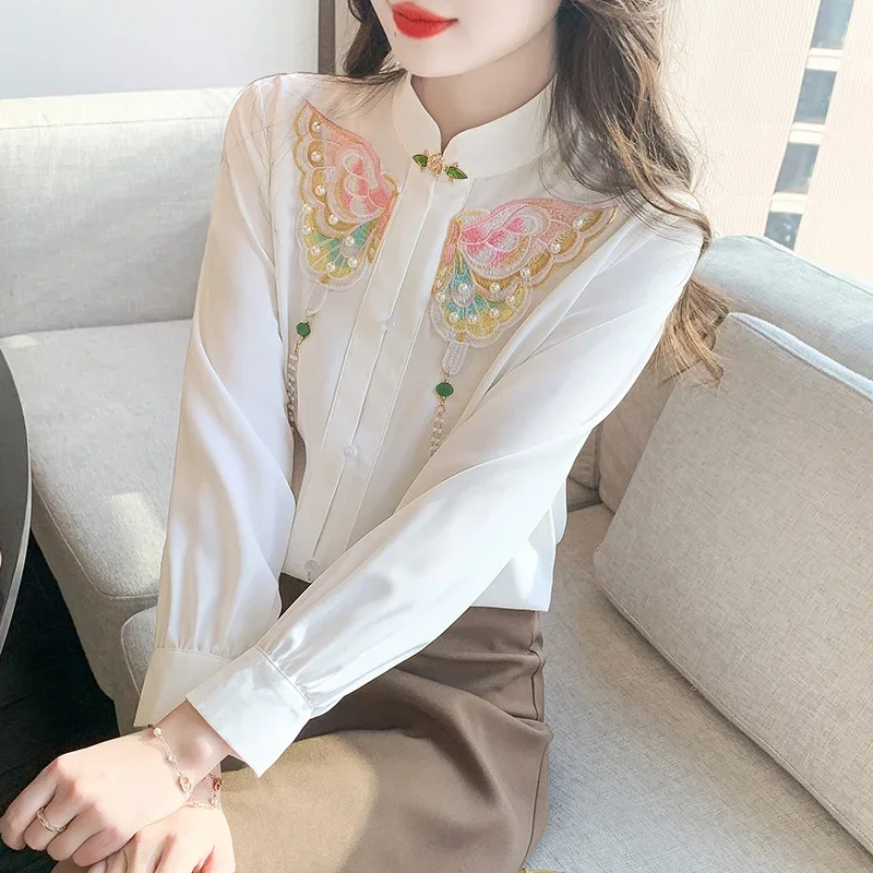 Women's Shirts & Blouses 2024 Summer New Style Long Sleeve Chinese Style with Vertical Collar Embroidered Top