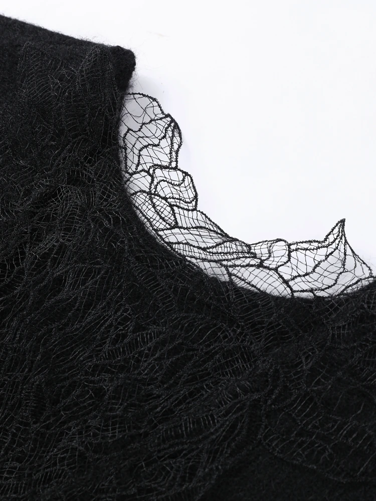 

Новый весенний вязаный свитер с кружевной отделкой, топ большого размера, женский пуловер с длинными рукавами, сексуальный черный трикотаж с открытой спиной, элегантный женский наряд