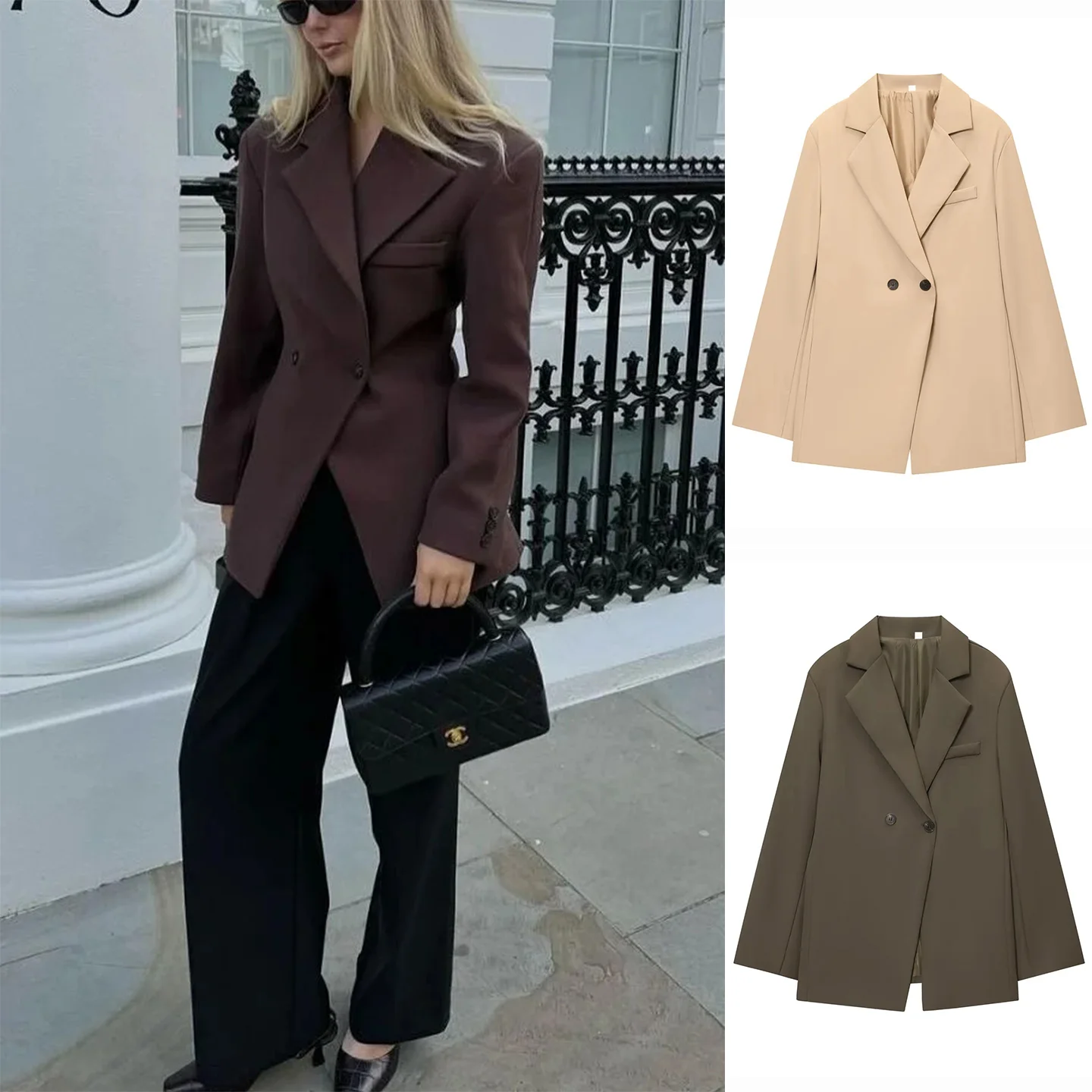 

Winter New Women's Tailored Long Sve Notch Collar Double Breasted Waist-Cinched Slim Fit Suit Jaet Commute Sle Polyest...