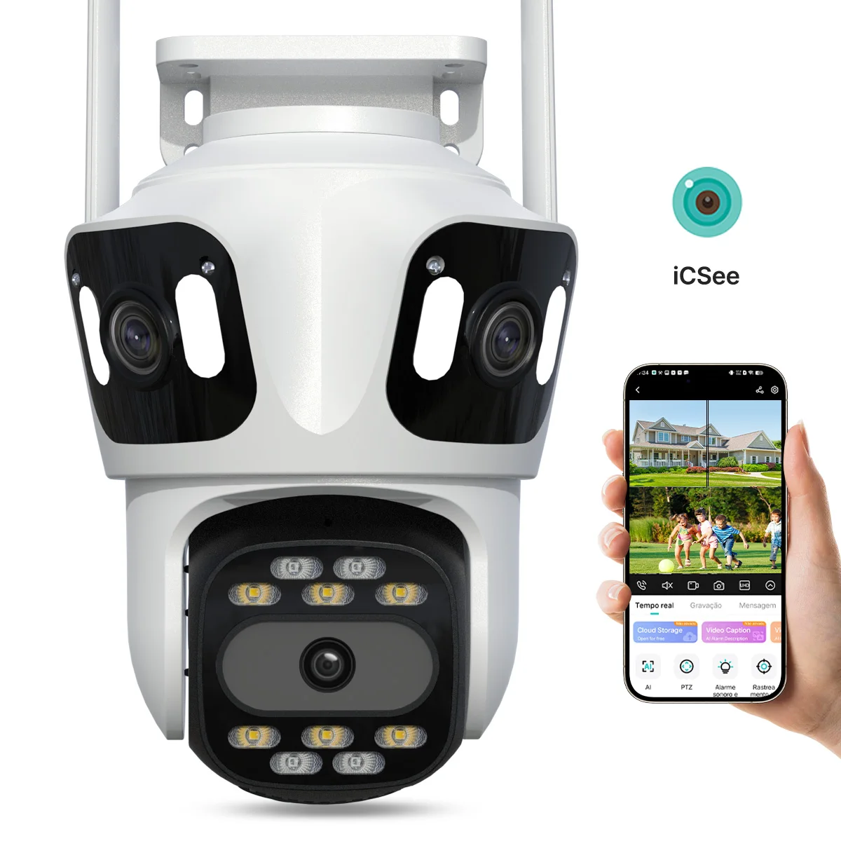 P15 Câmera IP WiFi iCsee com lente tripla e três telas Câmera PTZ de segurança externa com detecção AI e segurança por vídeo