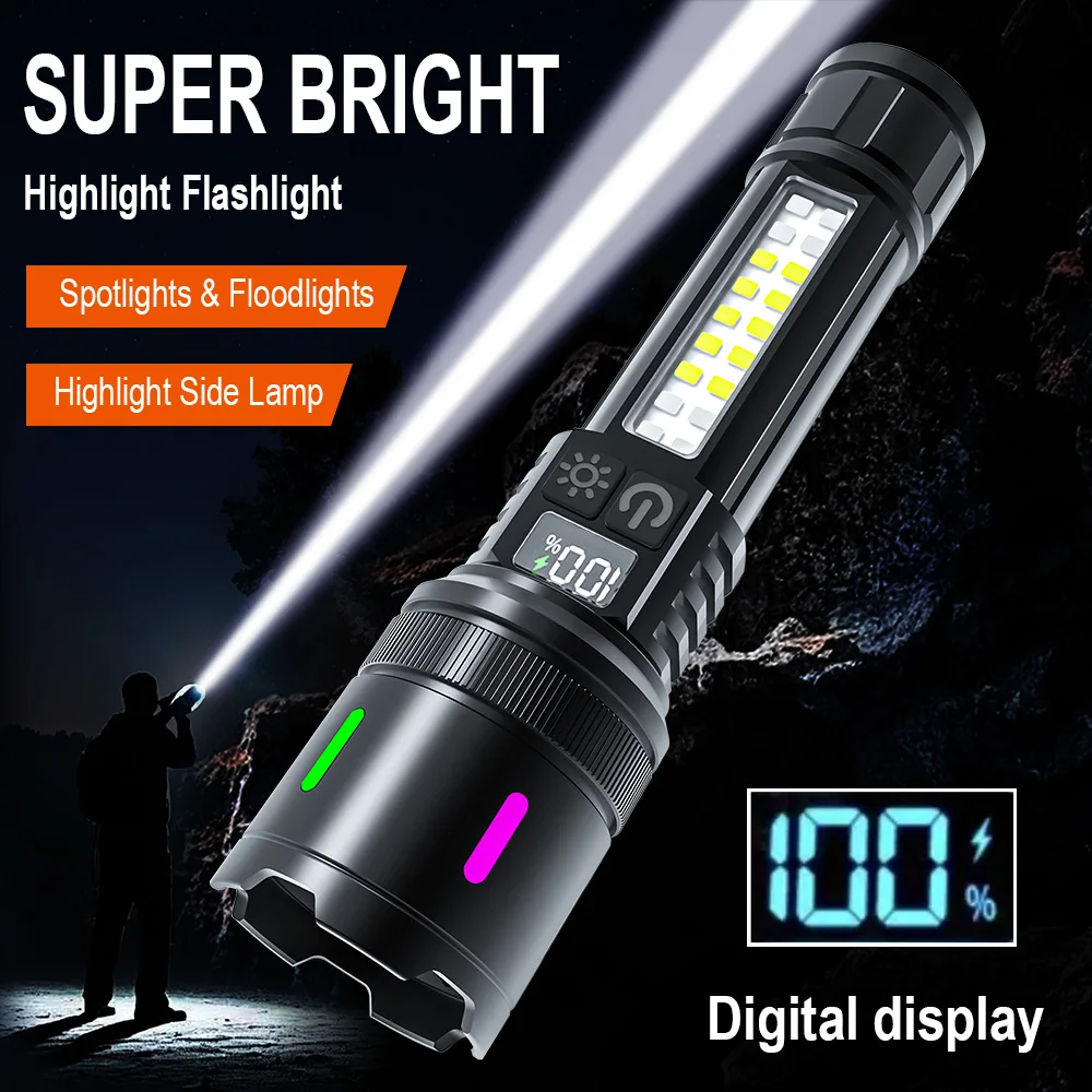 BORUiT LED Flashlight with Digital Display Rechargeable LED Flashlights Built-in 18650 battery Zoom Torch with COB Side Light