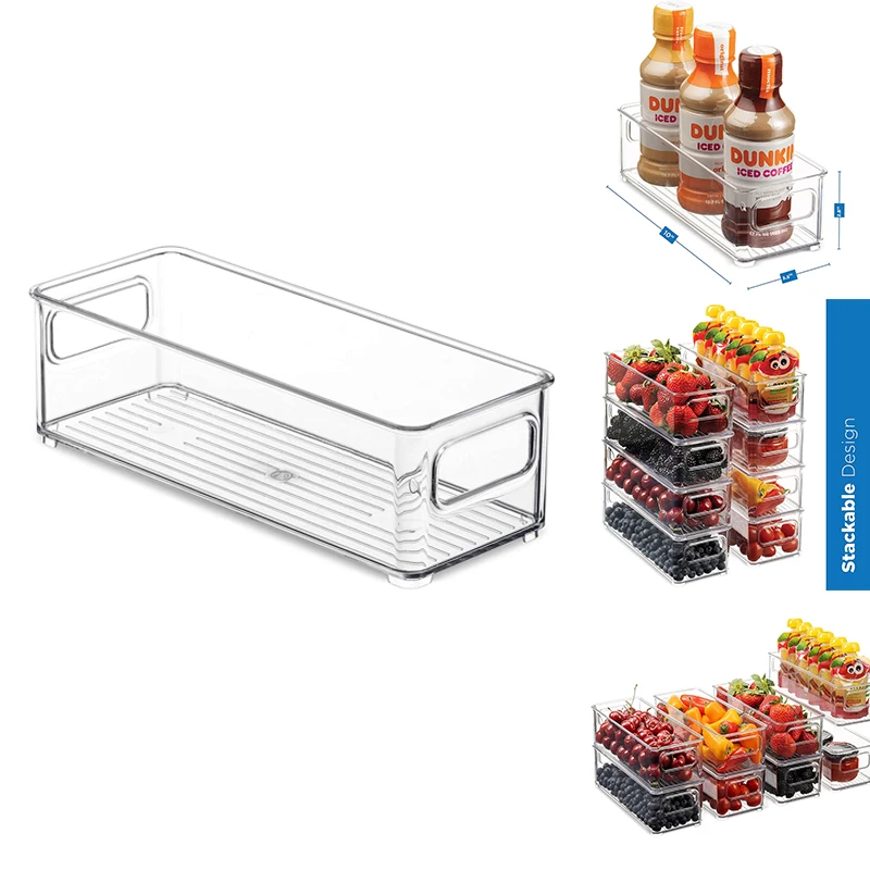 Clear Stackable Plastic Food Storage Rack, Frigorífico Organizer Bins, alças para despensa, cozinha