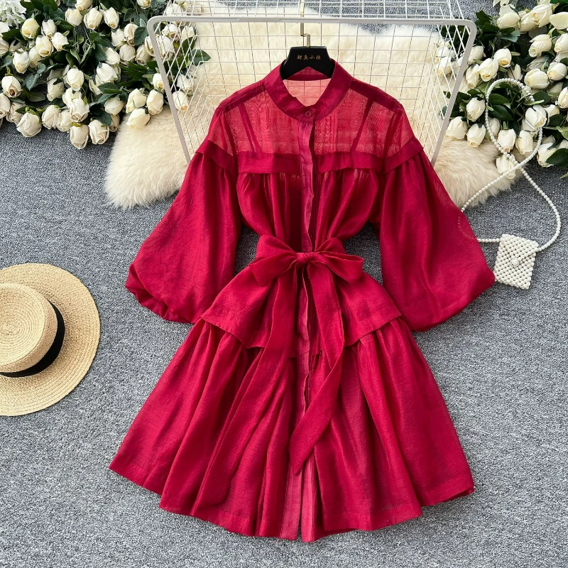 

Party Dress Women Round Neck Lantern Sleeve Gown Single Breasted Spliced Shirt Dresses Office Lady A Line Bandage Vestidos