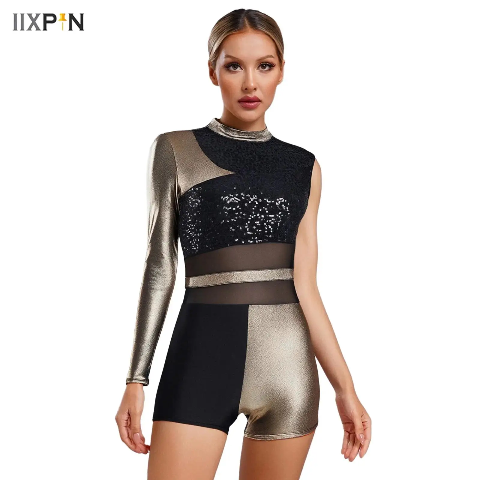 

Womens Latin Dance Bodysuit Boyshort Glittery Sequins Metallic Shiny Asymmetrical Leotard Chacha Ballet Ballroom Dancewear