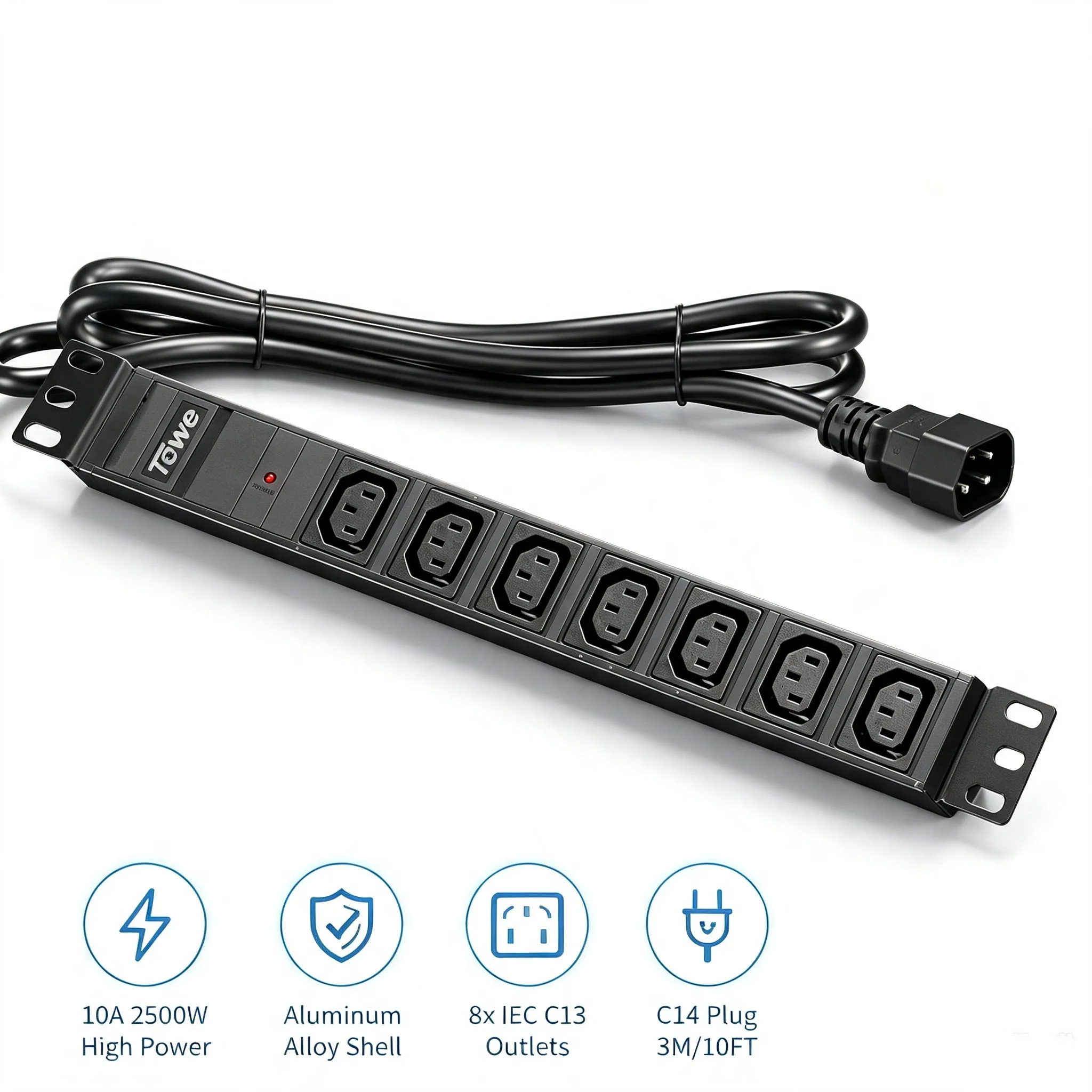 8 Port IEC C13 Rack Power Strip Wide Spaced Metal PDU with Long C14 Cable Wall Mount Power Distribution Unit for Server Rack